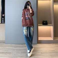 韩版时尚休闲套装女春季新款连帽刺绣卡通上衣破洞牛仔长裤两件套，女装套装/套裙，江南