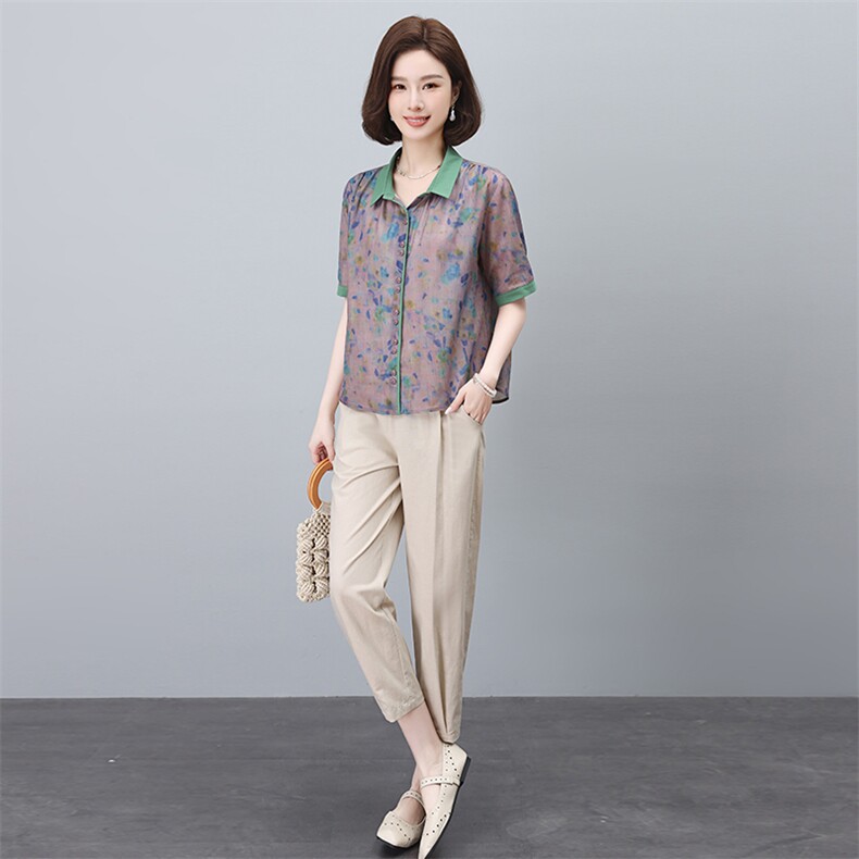 夏季冰丝棉麻套装女夏装2024新款妈妈洋气时尚休闲亚麻两件套,女装套装/套裙,依恋蒂丝