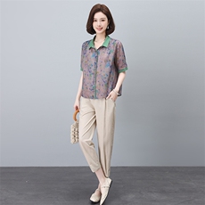 夏季冰丝棉麻套装女夏装2024新款妈妈洋气时尚休闲亚麻两件套，女装套装/套裙，依恋蒂丝