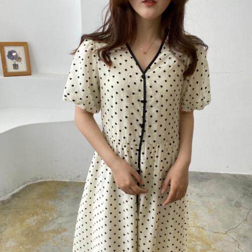 韩系V领波点连衣裙，女装连衣裙，土布鱼