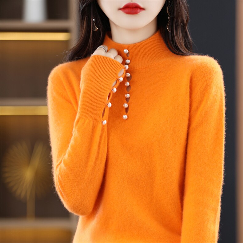 优雅珍珠装饰高领女修身显瘦百搭气质长袖针织毛衣,女装羊绒衫,琳华羊绒