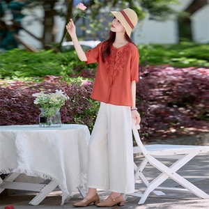 现货！夏季新款2025套装女简约时尚优雅气质天丝麻刺绣两件套图片