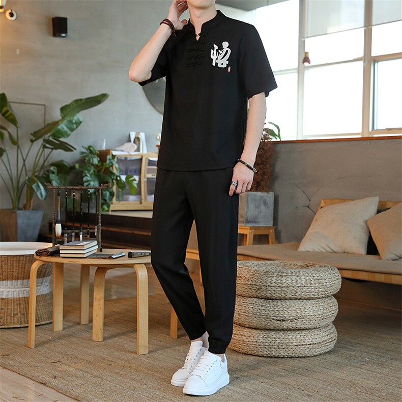 男士夏季冰丝短袖复古风唐装汉服中式居士服风套装ZT2301-P78,男装T恤,星座1105-3