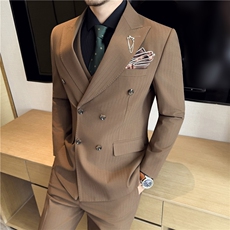 2025主推~色织暗条纹戗驳领双排扣西服三件套藏青色SJT8063-P295，男装西服，电商A213