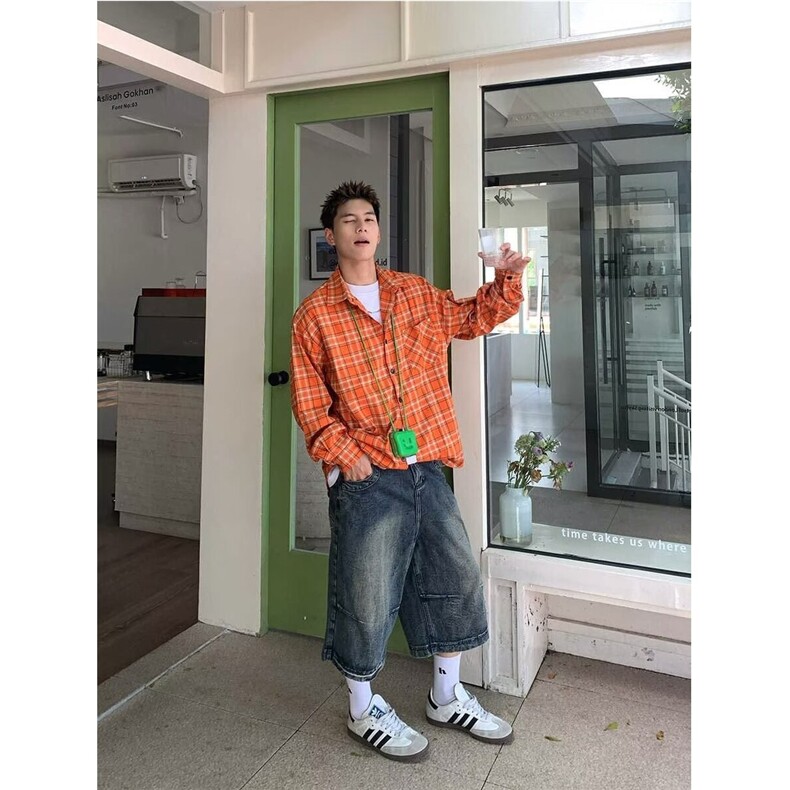 高级感痞帅美式格子长袖衬衫男2025新款高街潮牌情侣衬衣CA41-P38,男装衬衫,星座208-5
