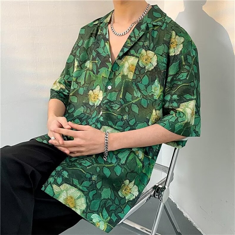 日系五分袖春夏季新款衬衫潮流慵懒男方领宽松型衬衫C1319P30,男装衬衫,星座1116-2