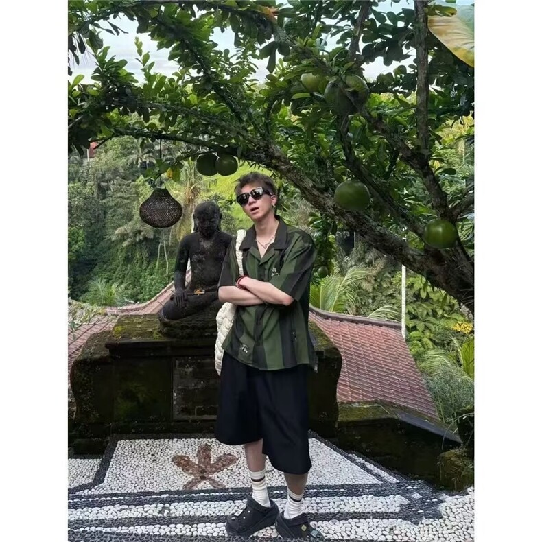 夏季桑巴个性刺绣凉感条纹短袖衬衫旅游度假风松弛感衬衣男生潮牌,男装衬衫,星座506A