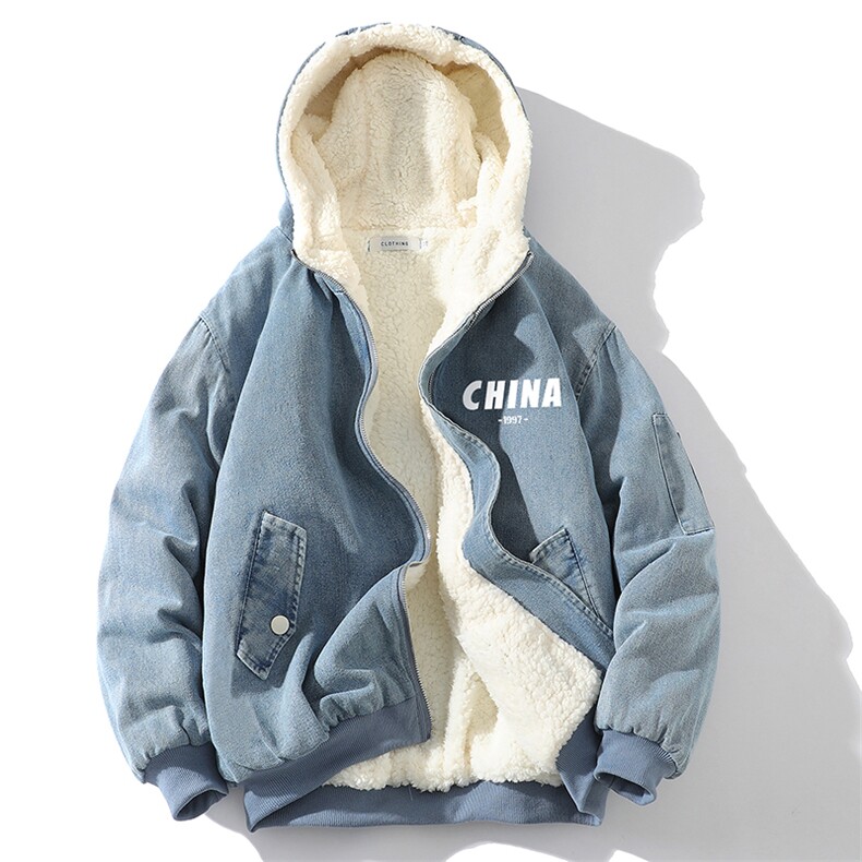 牛仔外套男大码加厚加绒衣男羊羔毛服男NM53248-P140网格,男装棉衣,电商A040A