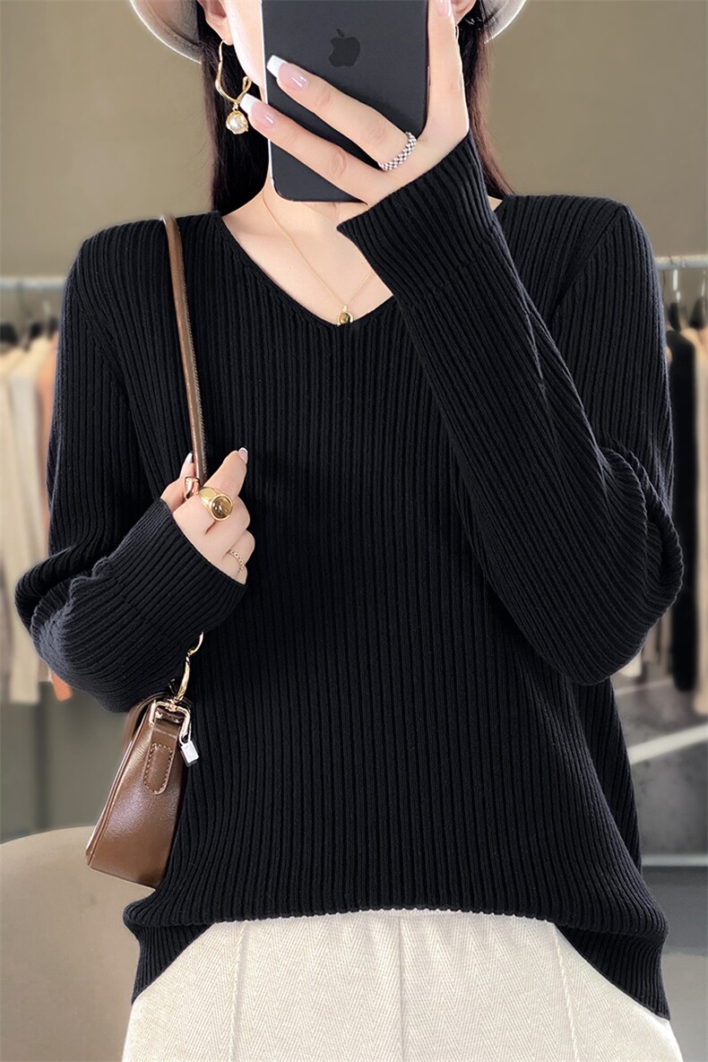 100%纯棉圆领打底衫女2025秋冬重磅加厚内搭毛衣宽松休闲针织衫潮,针织衫/毛衣,阁惠羊绒