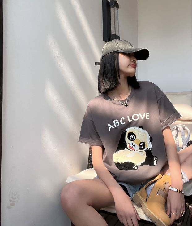 大熊猫图案短袖圆领纯棉T恤,女装T恤,艾涵o
