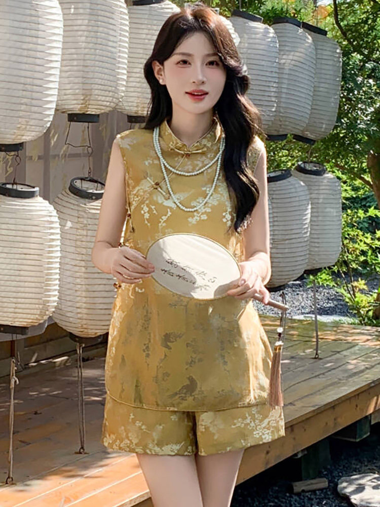 2025年夏季新款高级感显瘦新中式马甲阔腿裤两件套,女装套装/套裙,心心服饰