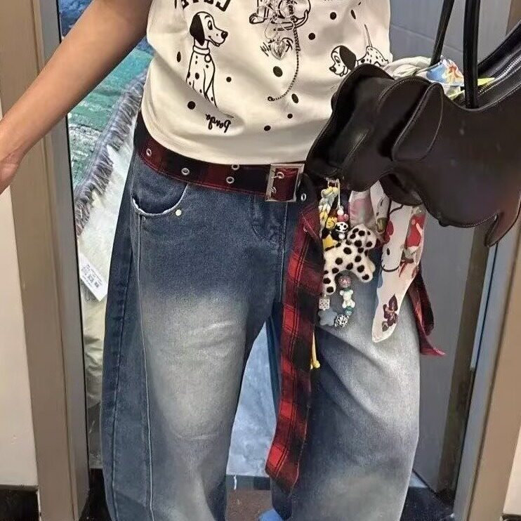 大码美式复古高街格子拼接解构水洗牛仔裤女夏高腰宽松阔腿弯刀裤,男装牛仔裤,星座506A