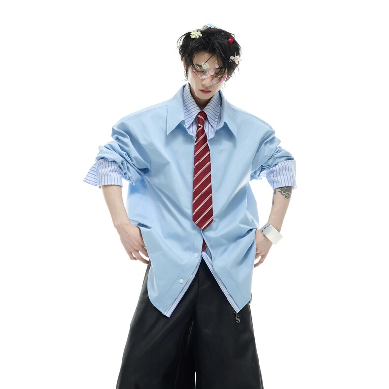 海岛热恋小众条纹撞色衬衫假两件拼接设计感上衣,男装衬衫,星座1210-1
