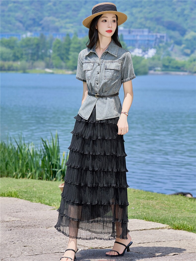 （新款现货）2026夏时尚薄牛仔短袖上衣+蛋糕纱裙两件套（配腰带,女装套装/套裙,印象茜