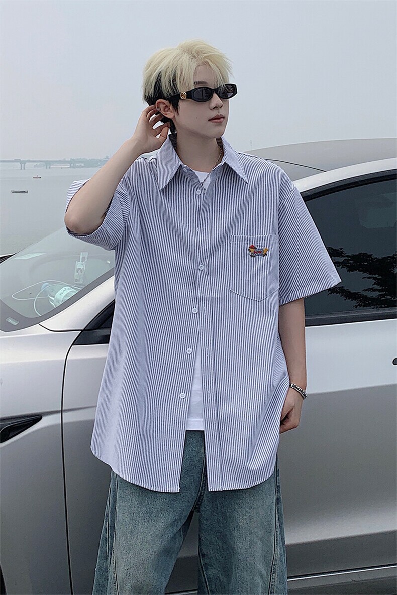 B221美式ins港风宽松薄款条纹短袖衬衫SY2556-特P35控59,男装衬衫,电商B221