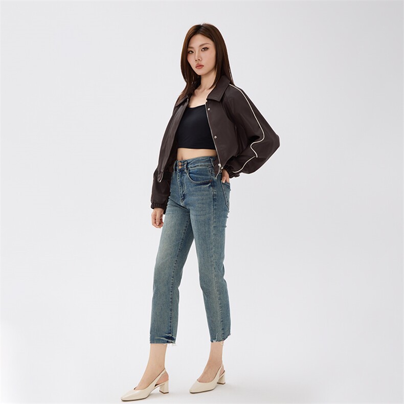 小个子皮衣外套女短款拼色秋季机车棒球服PU皮夹克,女装皮衣,曼琳思菲