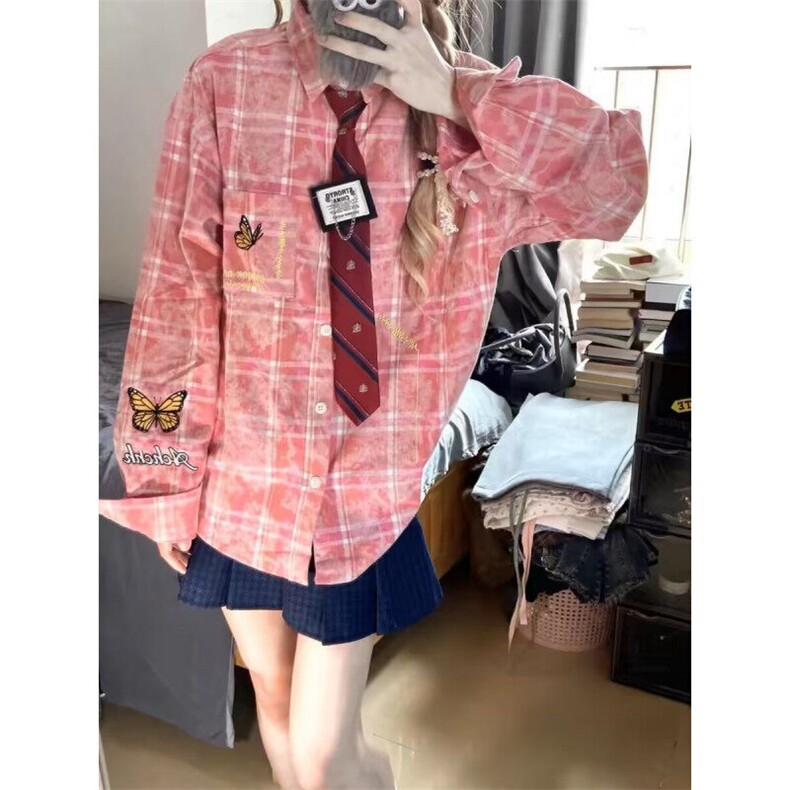 DB252-P55美式蝴蝶刺绣格子衬衫长袖男女宽松情侣衬衣-网图现货图片
