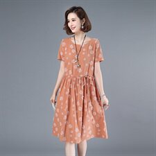 2021年夏季中长款通勤印花圆领A字裙40-49周岁韩版纯棉圆点裙子，女装连衣裙，伊满意