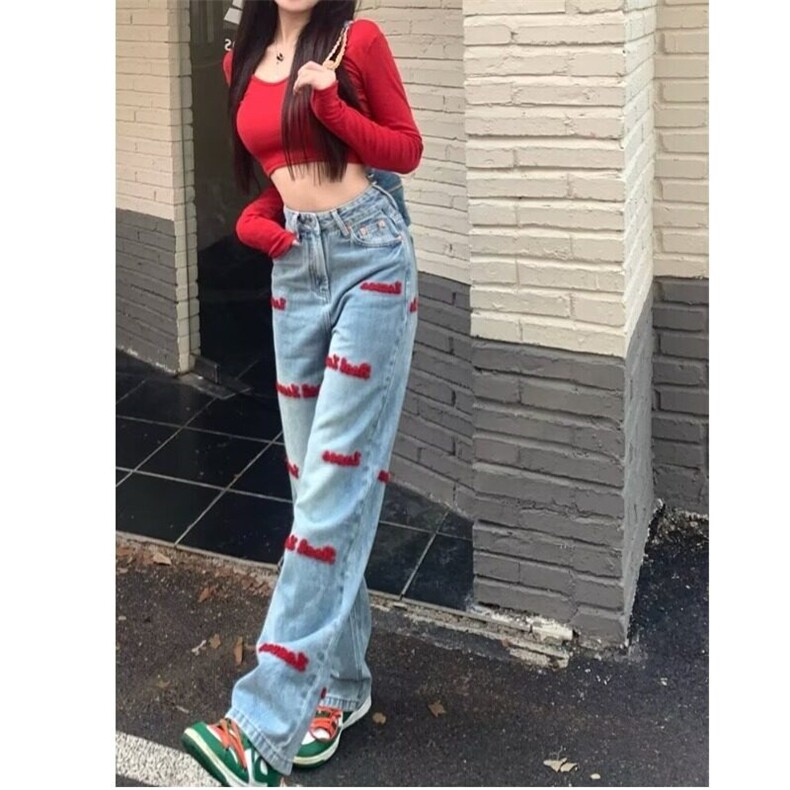 高腰阔腿牛仔裤女2025新款春秋季显瘦红色刺绣浅色小个子直筒裤,男装牛仔裤,星座506A