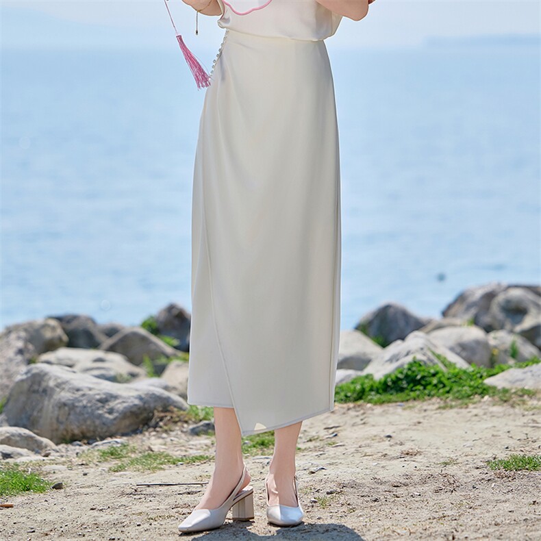 2025夏装设计感不规则高腰中长款百搭钉珠半身裙,女装半身裙,时尚俏佳人