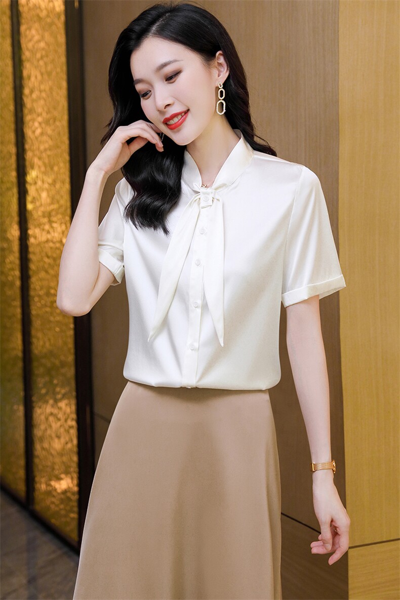 杭州缎面真丝衬衫女士短袖2025年夏季新款时尚高端蝴蝶结飘带上衣,女装衬衫,阿舍尔精品