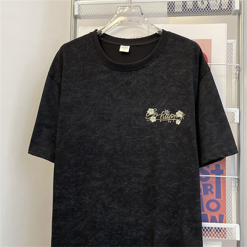 夏款男短袖T恤扎染纯棉鲜花字母刺绣宽松五分袖T恤衫T18P43,男装T恤,星座1013-1