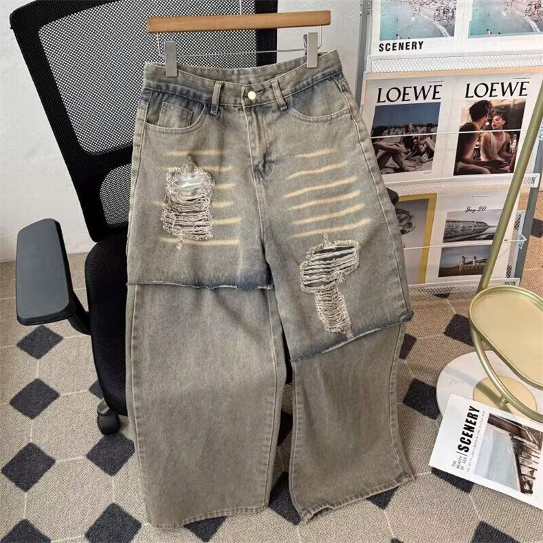 美式复古做旧破洞牛仔裤男女假两件痞帅高级感阔腿长裤潮图片