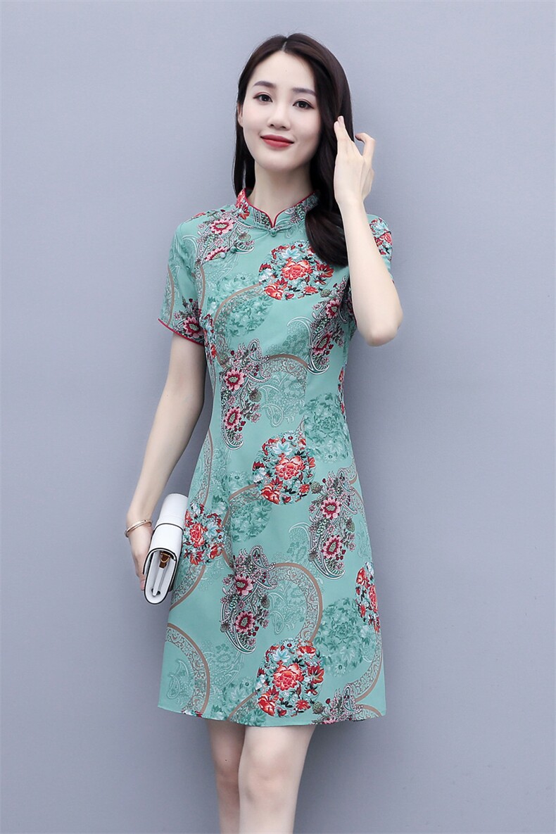 2022年夏季花色通勤短袖中长款印花淑女连衣裙,女装连衣裙,岚衣(原川流布茜）