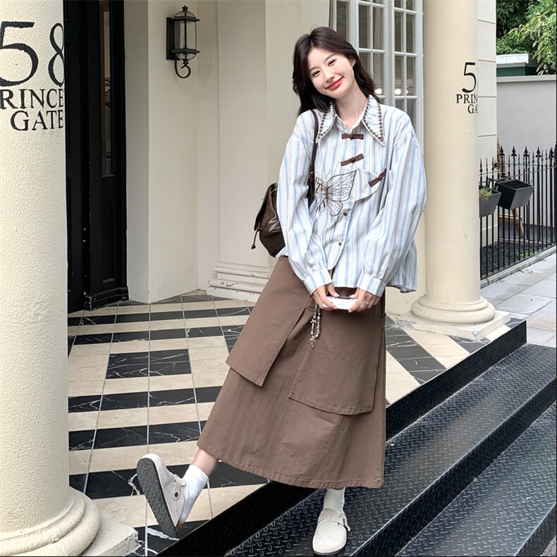 复古蝴蝶刺绣条纹衬衫套装女2025秋季新款设计感工装半身裙两件套,女装套装/套裙,2C332