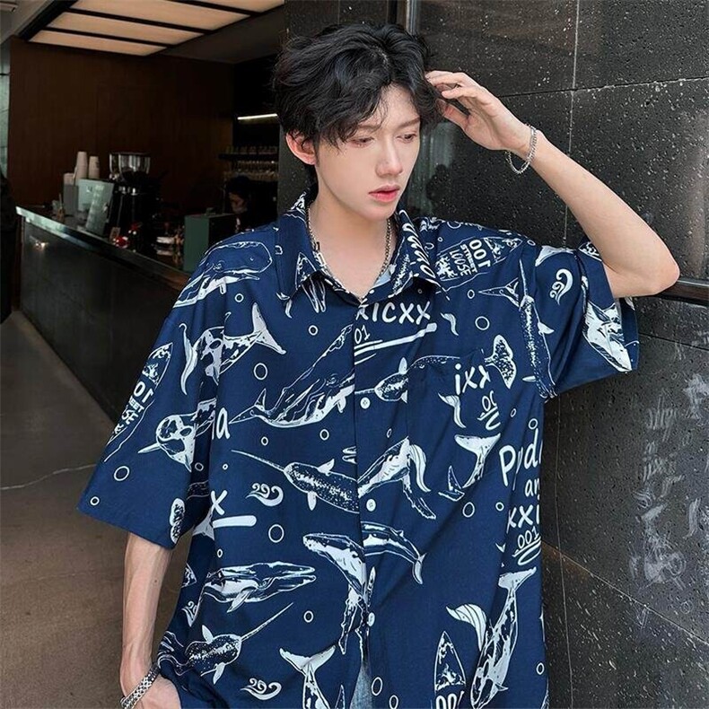 特批P27无差价鲸鱼印花速干衬衫男夏痞帅威夷外套沙滩衬衣CD5502图片