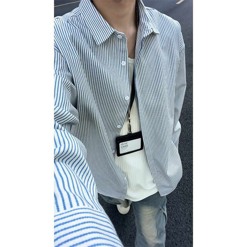 蓝色条纹衬衫男生秋季复古翻领长袖衬衣cleanfit港风情侣休闲外套图片