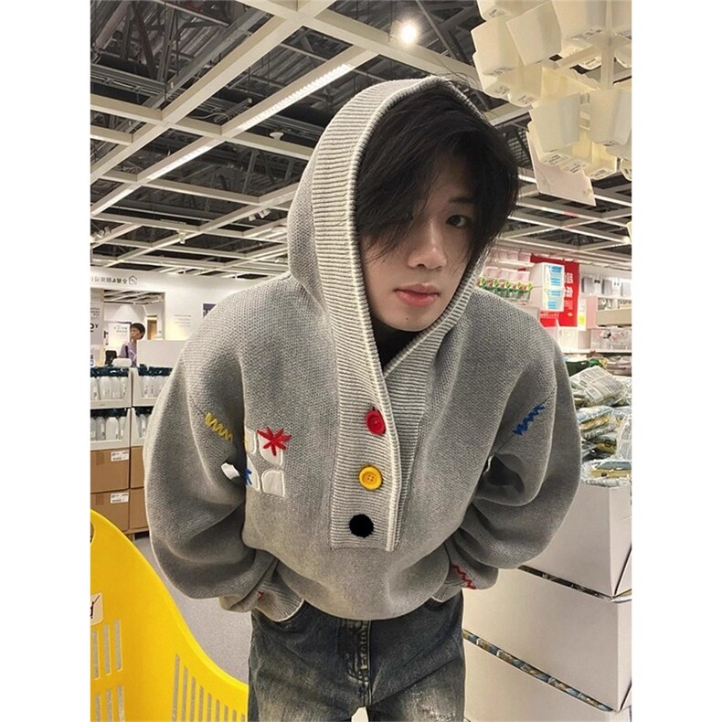 GC0916-P62刺绣连帽毛衣男女款多巴胺彩色宽松针织衫慵懒卫衣外套，男装针织衫/毛衣，电商C233