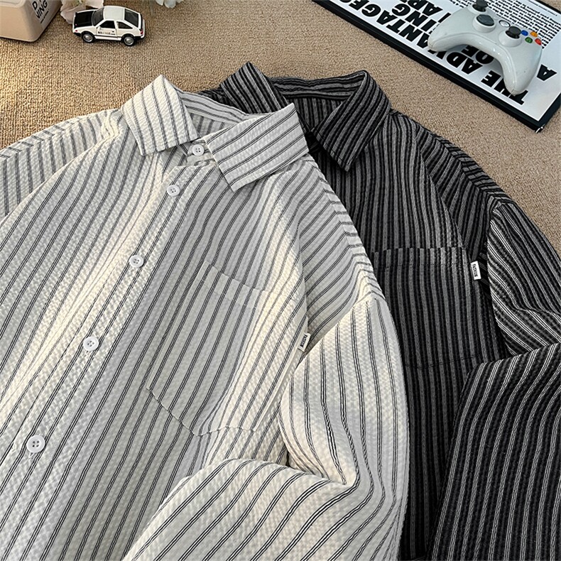 设计感日系条纹长袖衬衫男休闲衬衫复古上衣外套C2266-特价P45，男装衬衫，电商A007