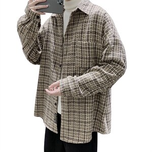 加厚毛呢衬衫男外套韩版宽松潮流帅气慵懒风秋冬格子衬衣DX125P60，男装衬衫，电商B413-1