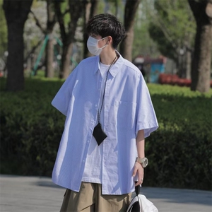 日系蓝白条纹短袖衬衫男高级感男生衣服搭配帅气穿搭少年感-C290图片