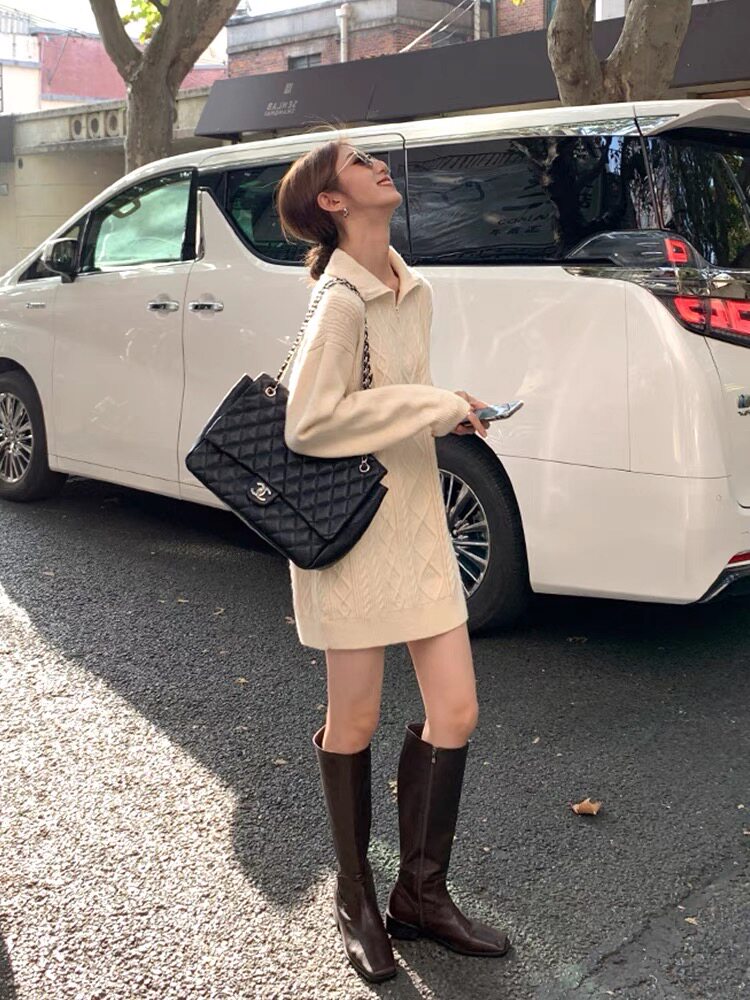 毛衣女中长款翻领秋冬慵懒软糯休闲宽松保暖针织衫,女装羊毛衫,恩泰羊绒