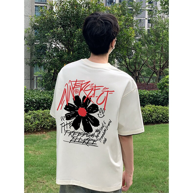 抖音得物 210克现货宽松纯棉美式潮牌印花落肩袖纯棉T恤AT21108图片