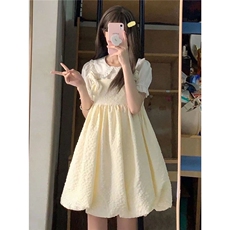 两件套装日系甜美可爱蝴蝶结奶杏色背带连衣裙女学生+娃娃领衬衫，女装套装/套裙，星座506A