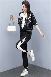 大量现货2023新款时尚印花拼接醋酸撞色修身显瘦气质套装图片