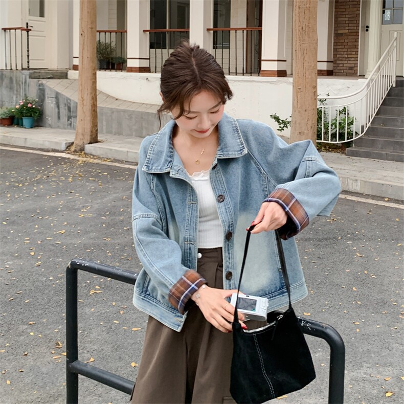 格子拼接牛仔外套女春秋2025新款百搭流行别致独特设计感夹克上衣,女装牛仔外套,慕依路