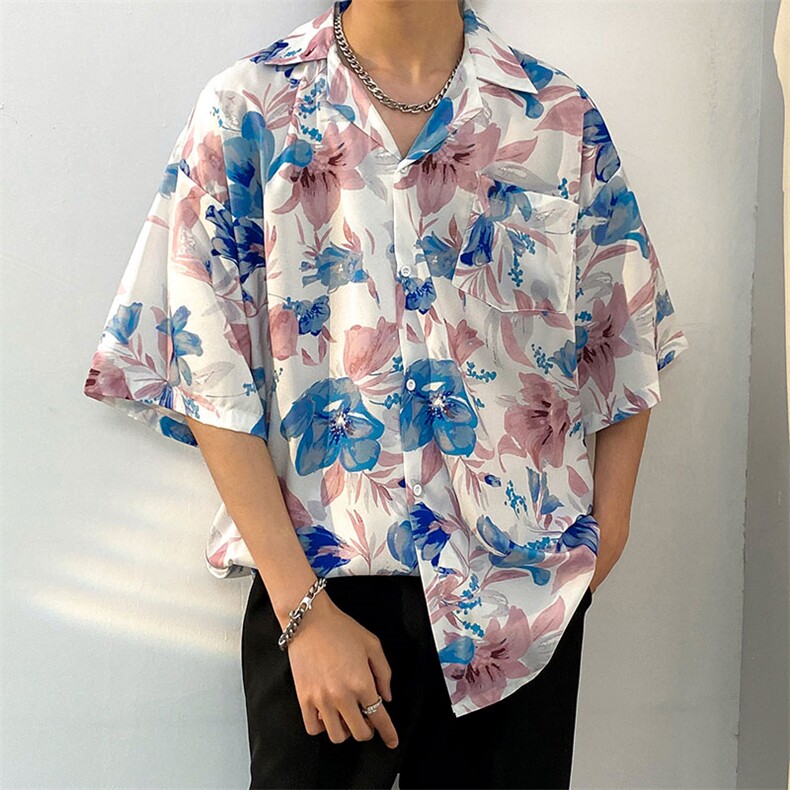 2025夏季高街印花短袖衬衫男潮流ins宽松沙滩风花衬衣CS1320-P35,男装T恤,电商A062