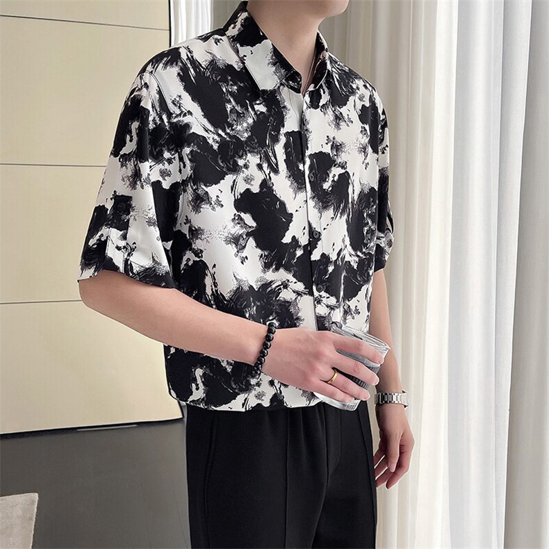 轻熟风~大码男装夏季水墨画冰丝中袖衬衫C208/P40,男装衬衫,电商B331