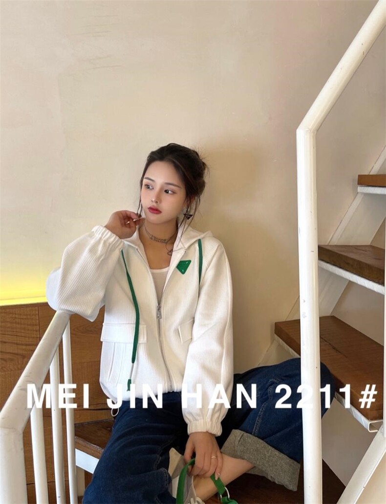 【美巾涵】春季新款外套华夫格连帽卫衣短款外套，女装卫衣/绒衫，美巾涵