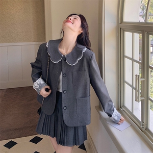 灰色娃娃领西装套装裙女2025春季新款韩系学院风减龄百褶裙两件套图片