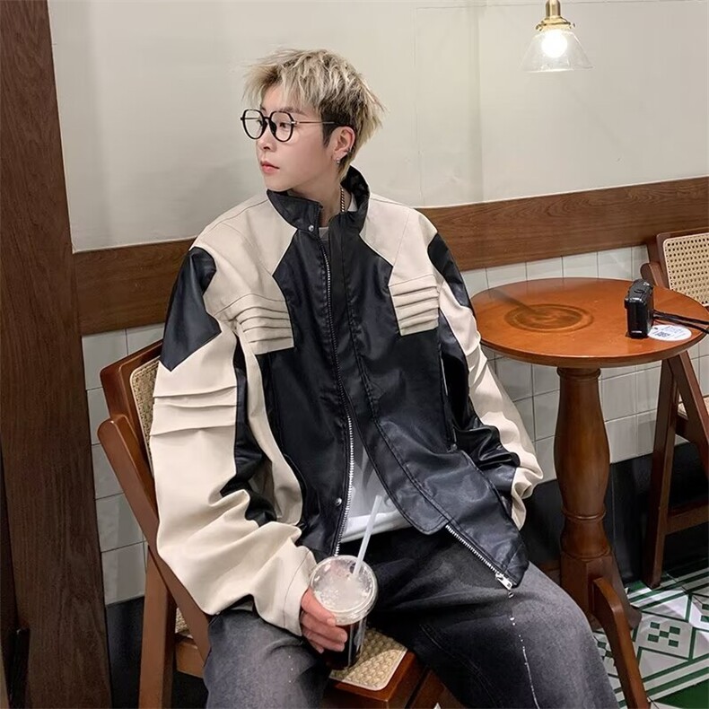 男春秋韩版潮流潮牌港风宽松拼接撞色休闲皮衣上衣服外套,男装夹克,星座716-2