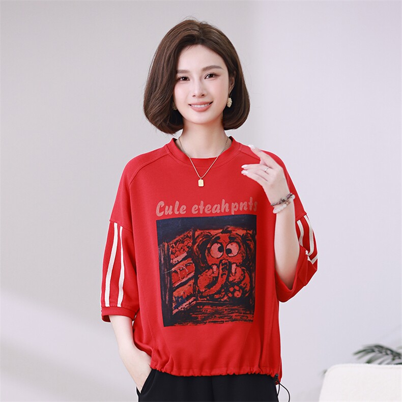 时尚宽松显瘦红色印花短袖T恤女夏季新款韩版百搭休闲上衣潮图片