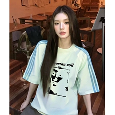 抖音得物品质二开240克宽松纯棉美式潮牌印花三条杠中性风短袖T恤，男装T恤，电商A486