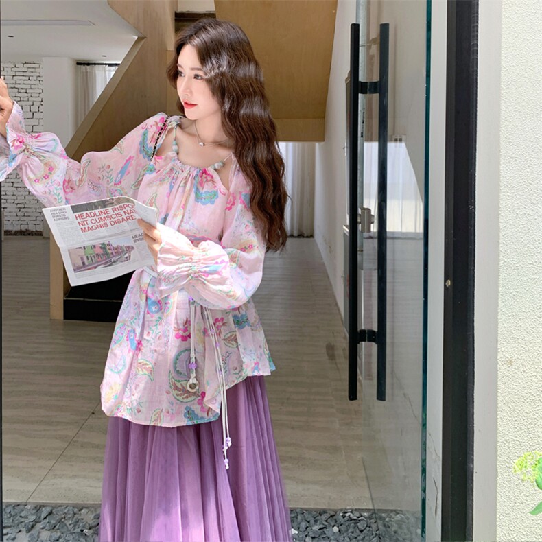 甜美多巴胺紫色碎花衬衫网纱半身裙套装女春秋减龄独特漂亮两件套,女装套装/套裙,2C158