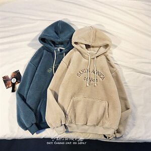 703-W199  秋冬情侣拉绒羊羔毛卫衣 基础款绣花套头帽衫图片