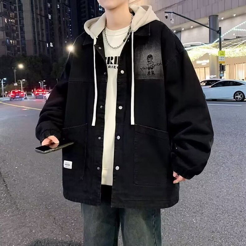 秋冬时尚可拆卸帽牛仔夹克外套男青少年学生个性休闲夹克上衣图片